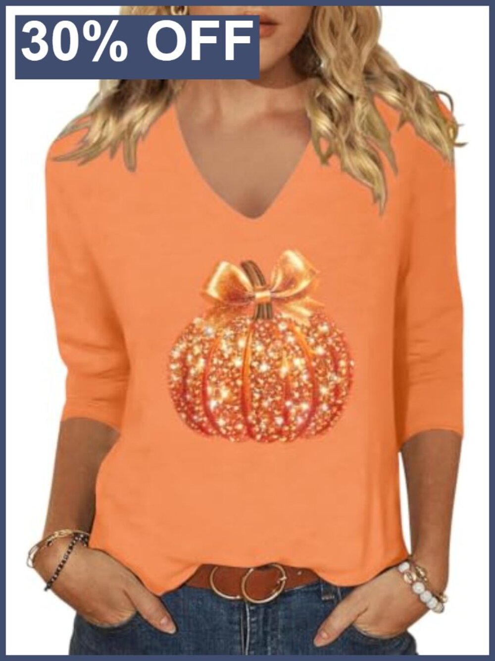 Women's Halloween Pumpkin V-Neck 3/4 Sleeve Fall Graphic Tee